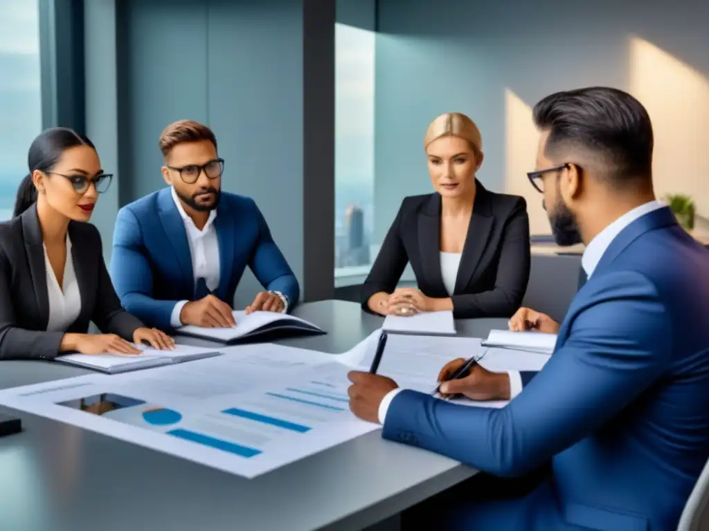 Estrategias legales en proyectos inmobiliarios: equipo diverso en reunión Equipo diverso de profesionales planificando riesgos legales en proyectos inmobiliarios en oficina moderna