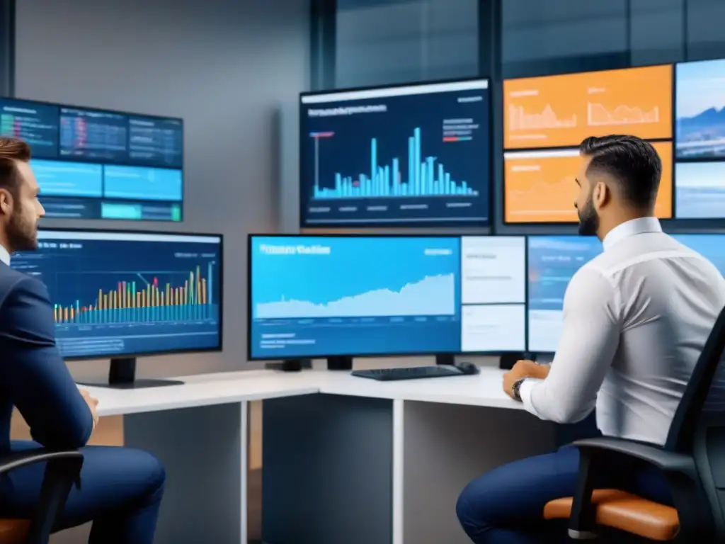 Equipo diverso en oficina moderna analizando datos financieros en 8k Un equipo diverso de profesionales colaborando en gestión de riesgos mercado inmobiliario en una oficina moderna con datos en pantalla