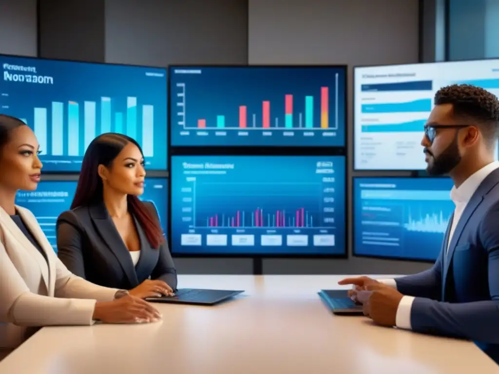 Profesionales discuten refinanciamiento hipotecario en oficina futurista Equipo diverso discutiendo refinanciamiento hipotecario en oficina moderna y colaborativa