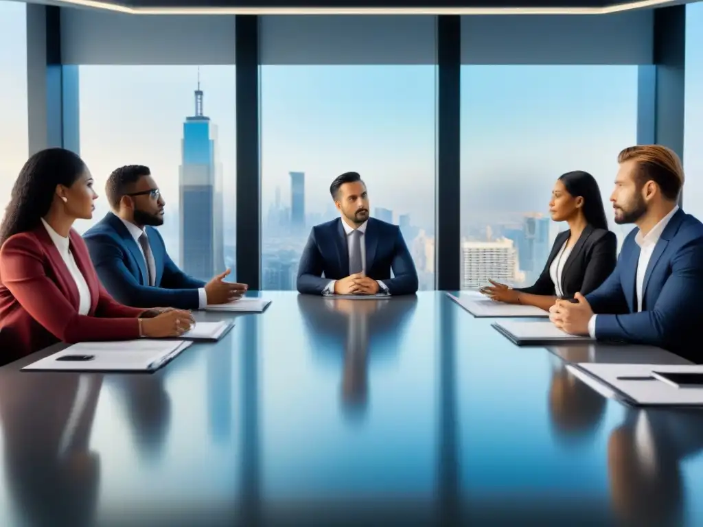 Profesionales diversificados en reunión estratégica Equipo diverso en reunión estratégica en oficina moderna