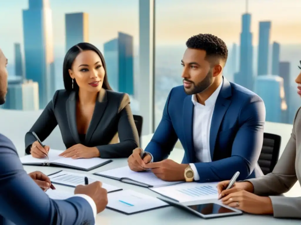 Reunión estratégica de inversión en oficina moderna Equipo diverso en reunión estratégica de inversión inmobiliaria fondos en oficina moderna