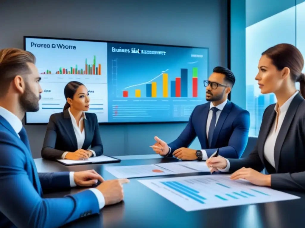 Profesionales en reunión estratégica sobre inversiones inmobiliarias Equipo diverso en reunión estratégica, analizando gráficos financieros en pantalla digital en oficina contemporánea