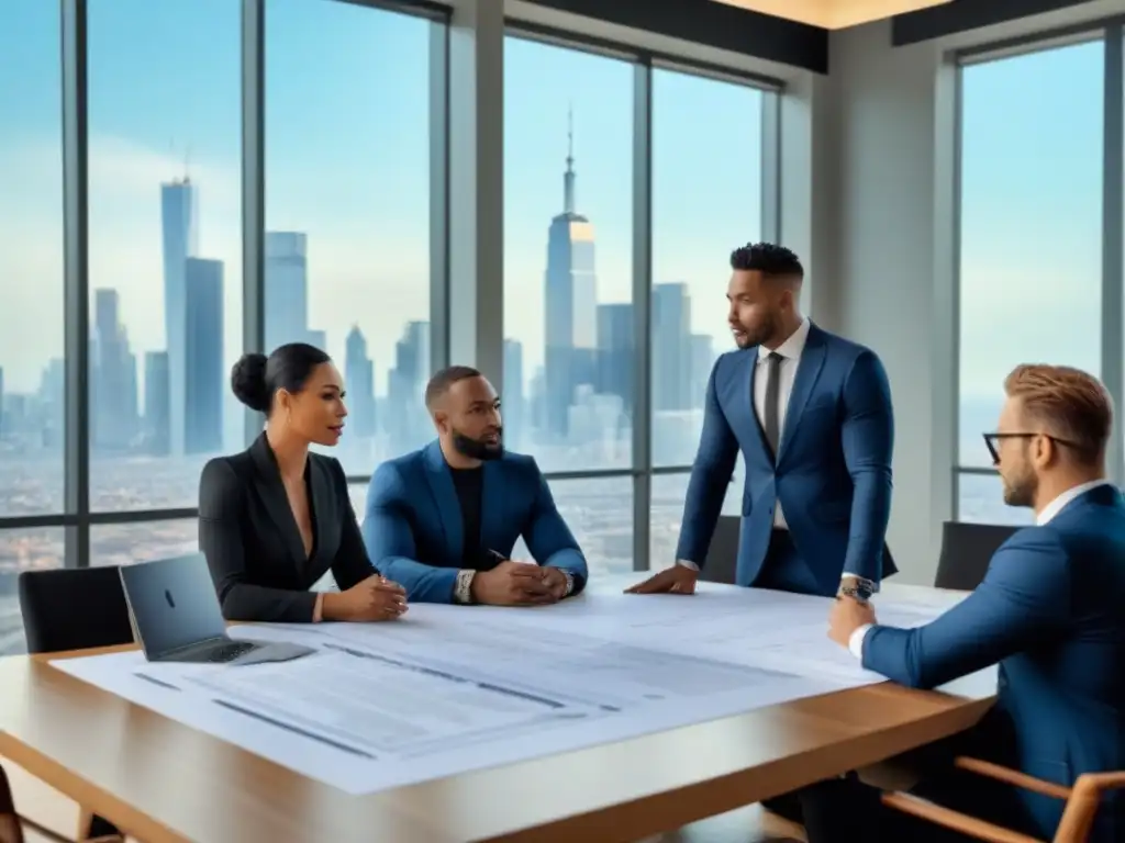 Equipo diverso planifica proyecto inmobiliario Equipo diverso en reunión de planificación con planos y documentos financieros, en una sala moderna con vista a la ciudad