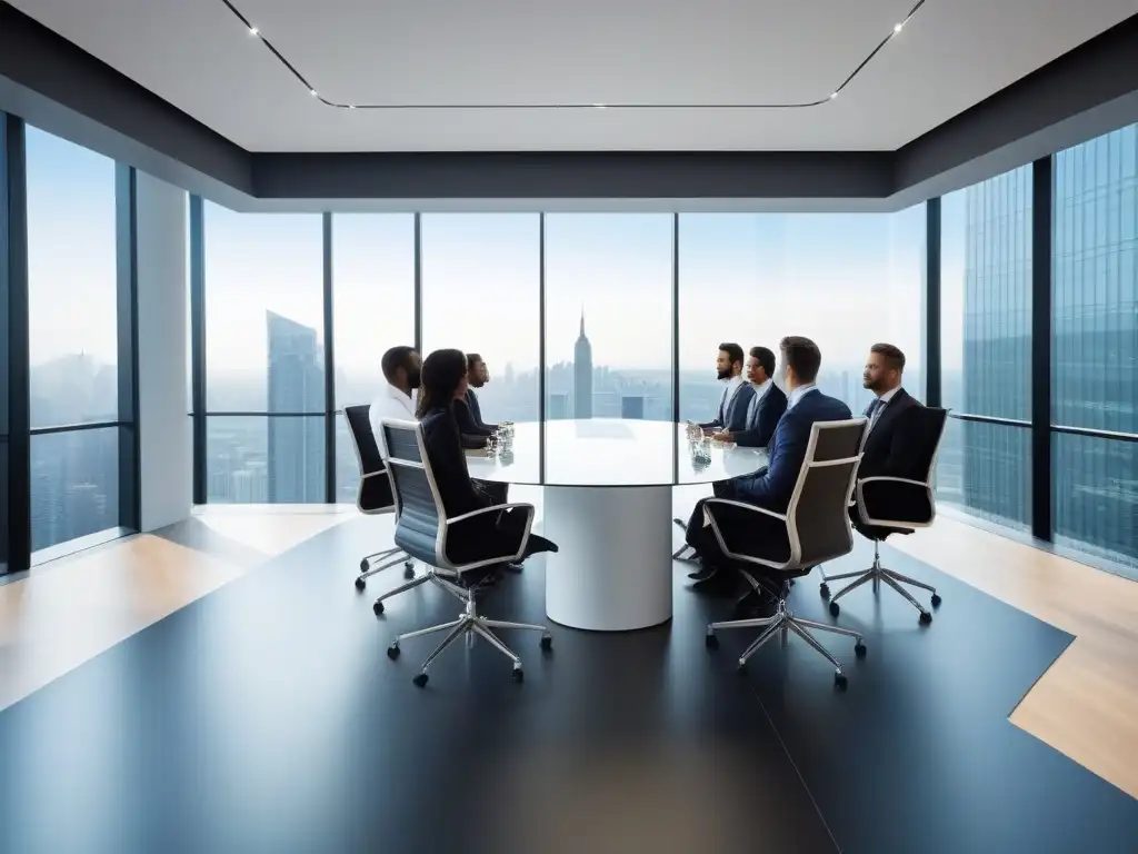 Profesionales innovadores en sala de reuniones de vanguardia 'Equipo diverso en sala de reuniones moderna discutiendo sobre productos financieros estructurados para inmobiliarias