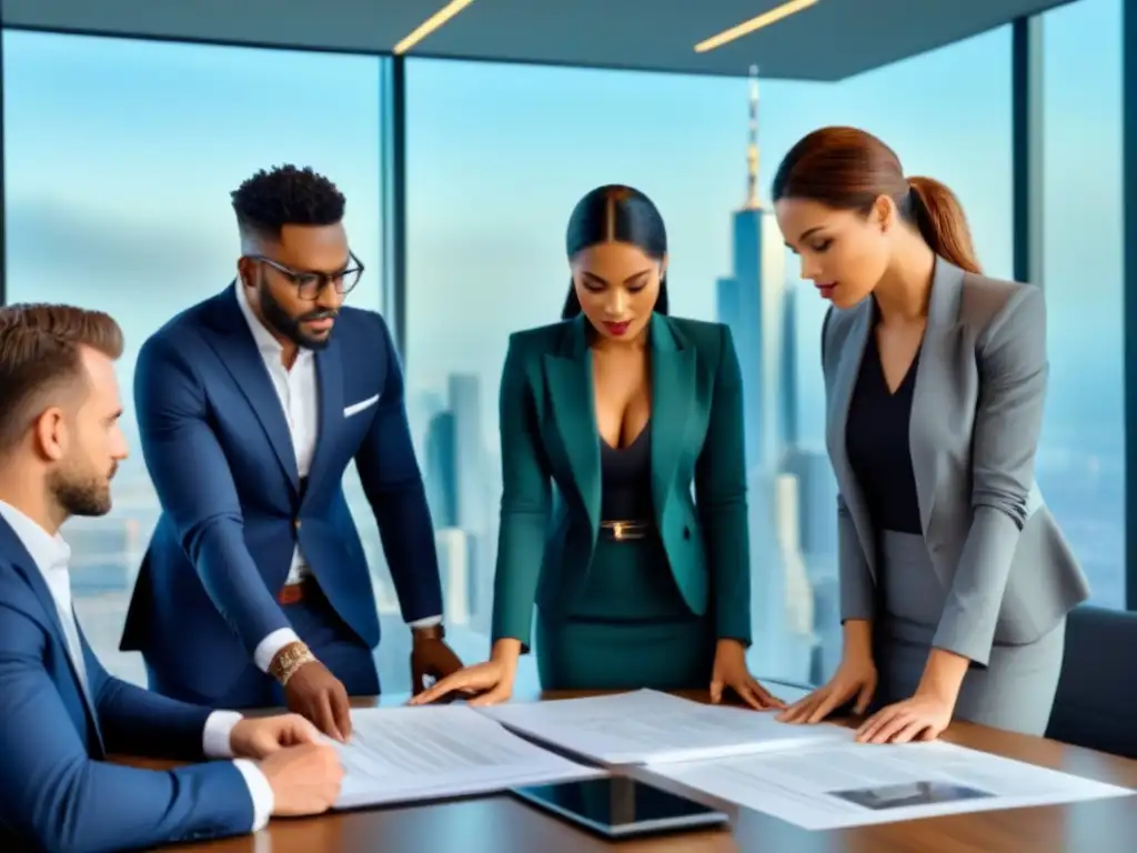 Equipo diverso analiza estrategias de inversión inmobiliaria internacional Equipo diverso en trajes de negocios colabora en estrategias de inversión inmobiliaria internacional, destacando la diligencia debida
