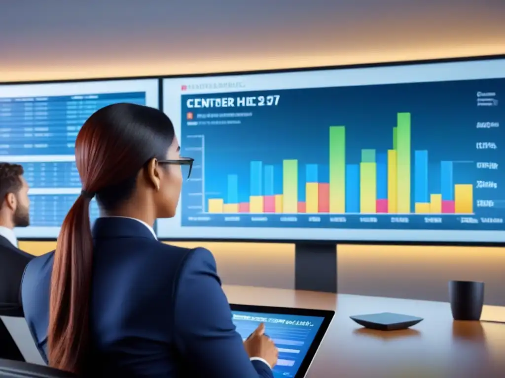 Profesionales analizan gráficos financieros en oficina futurista Equipo diverso en trajes de negocios analizando gráficos financieros en pantalla digital en oficina futurista