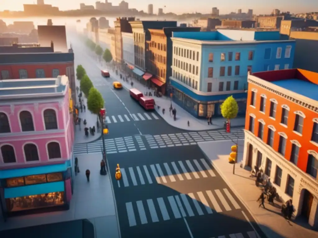 Equipo diverso de urbanistas y arquitectos colaborando en representación cultural desarrollo urbano en intersección de ciudad vibrante al atardecer