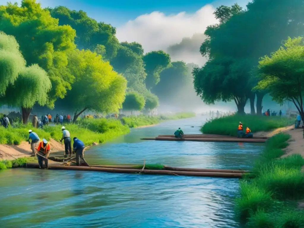 Restauración fluvial: Comunidad y naturaleza unidas en acción Equipo diverso restaura río urbano, promoviendo biodiversidad comunitaria