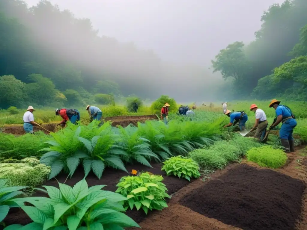 Restauración de ecosistema: equipo profesional revive la naturaleza Equipo restaurando ecosistema tras daño de especies invasoras, con esperanza y progreso