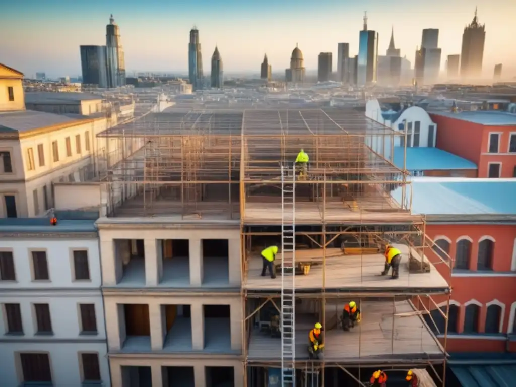 Restauración experta de edificio histórico por equipo arquitectos y obreros Equipo restaurando edificio antiguo con detalle, en entorno urbano vibrante