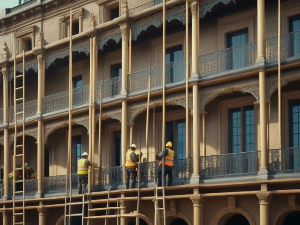 Restauración detallada de edificio histórico por arquitectos y obreros Equipo restaurando un edificio histórico con detalle