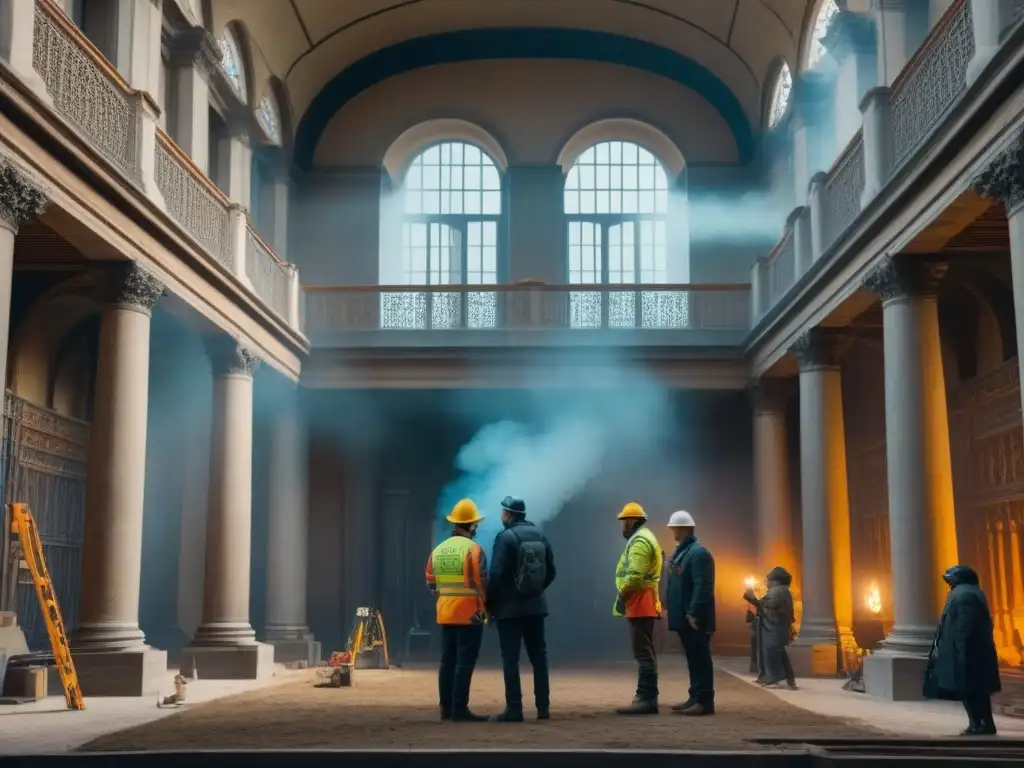 Restauración experta de edificio histórico: arquitectos y historiadores trabajando juntos en detalles intrincados Equipo restaurando edificio histórico, detalles ornamentales, herramientas preservación, ciudad antigua y moderna