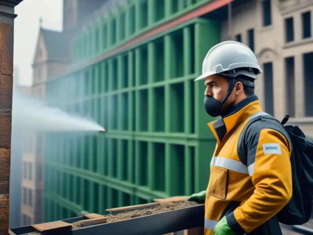 Restauración ecológica de edificio histórico: un avance sostenible Equipo restaurando edificio histórico con tecnologías verdes