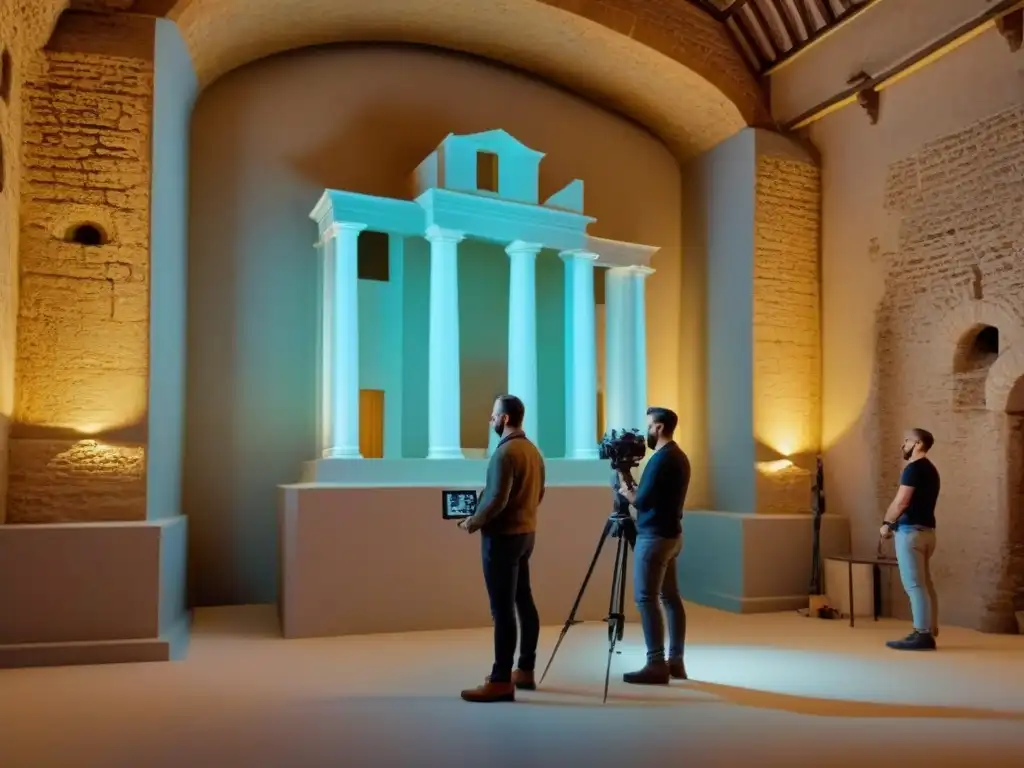 Expertos en preservación arquitectónica usando fotogrametría avanzada para restaurar fachadas históricas Equipo de especialistas en restauración arquitectónica utilizando fotogrametría para analizar detalles de fachada histórica