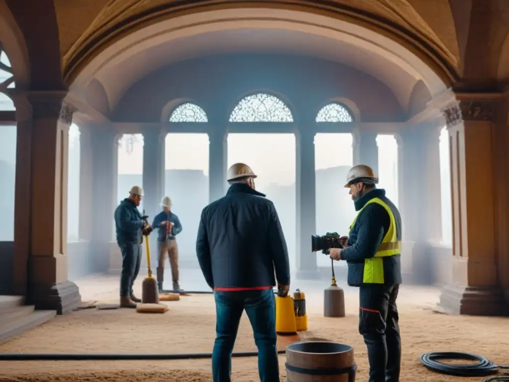 Equipo de expertos restaurando edificio histórico con maestría Equipo de especialistas en intervención de daños estructurales en edificios patrimoniales trabajando juntos con precisión y dedicación