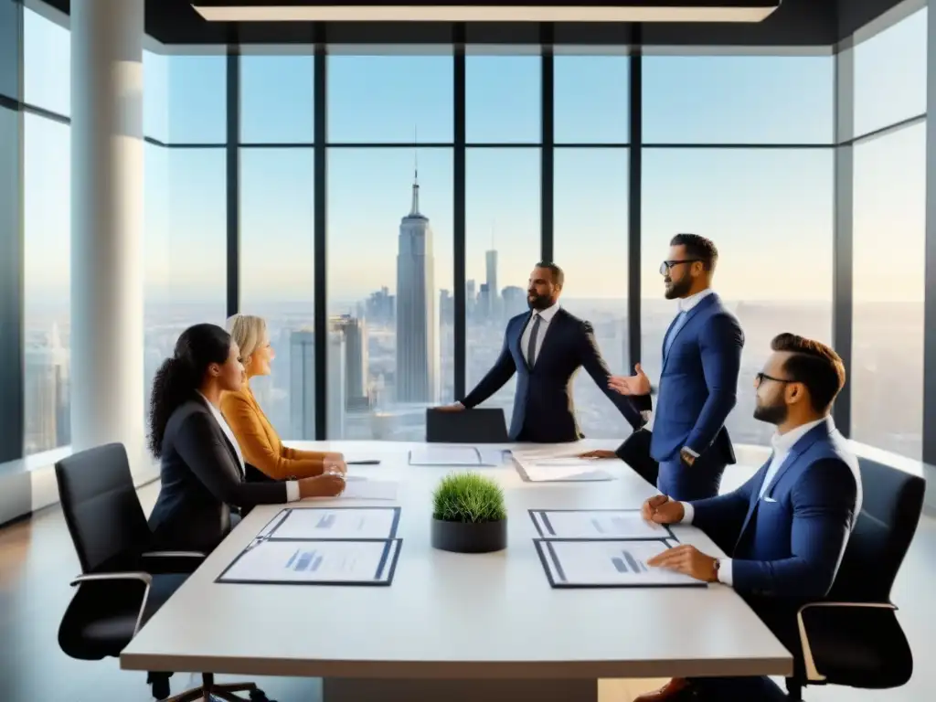 Equipo de profesionales en oficina moderna planeando estrategia inmobiliaria Equipo experto en bienes raíces comerciales evita errores de inversión en moderna oficina con vista panorámica a la ciudad