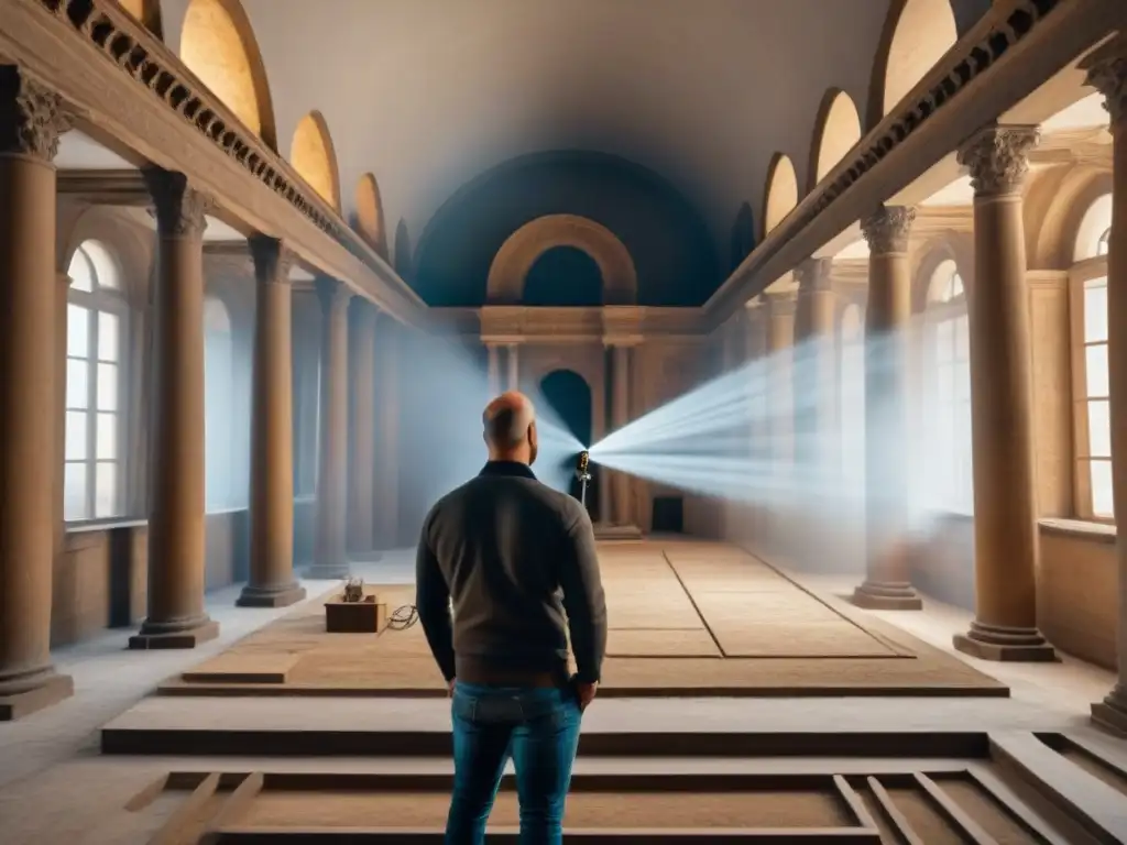 Restauración histórica: mezcla de arte y tecnología Equipo experto usando herramientas digitales para conservar edificio histórico