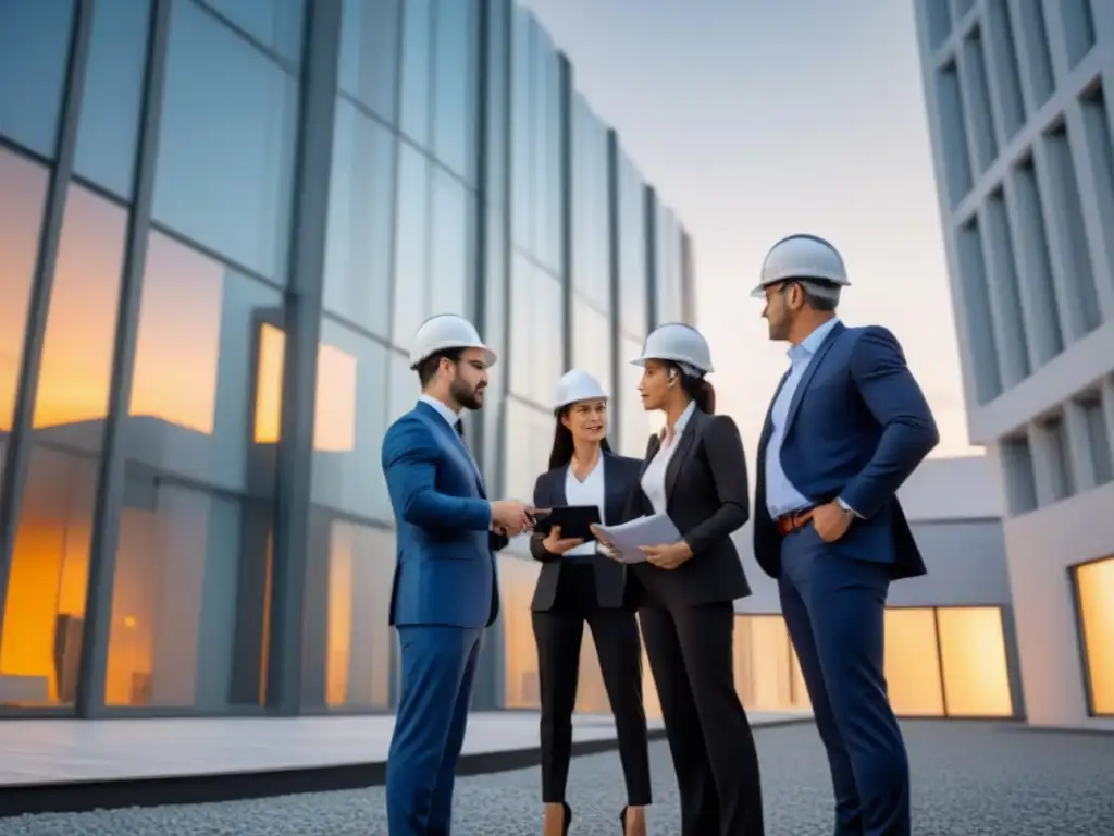 Equipo de expertos analizando propiedad internacional con detalle Equipo de expertos realiza análisis exhaustivo de propiedad inmobiliaria internacional