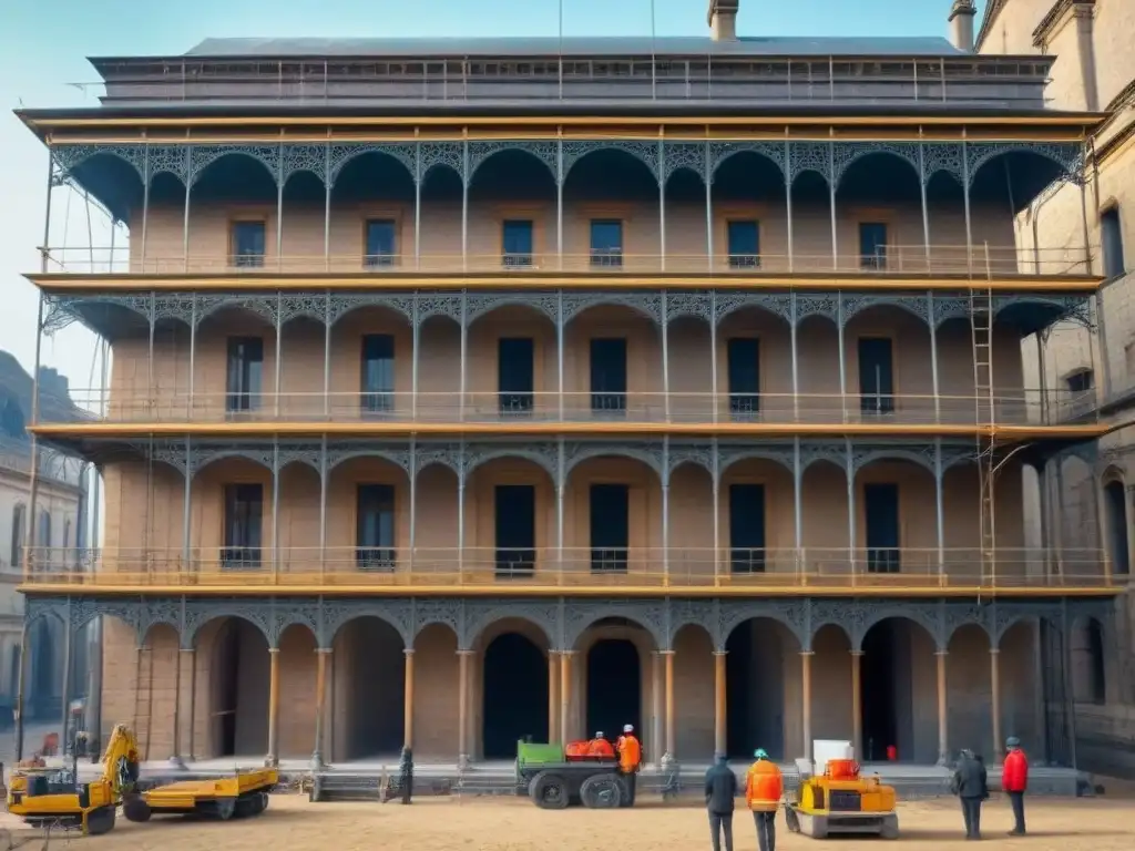 Restauración experta de edificio histórico: tradición y tecnología Equipo de expertos restaurando un edificio histórico con técnicas modernas y tradicionales