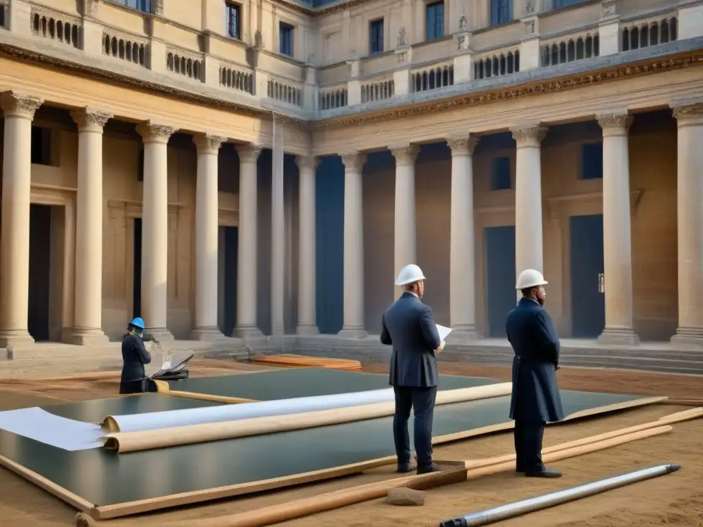 Restauración experta de edificio histórico con tecnología avanzada Equipo de expertos restaurando un edificio histórico con meticulosidad, respeto por las leyes de patrimonio y técnicas modernas de restauración