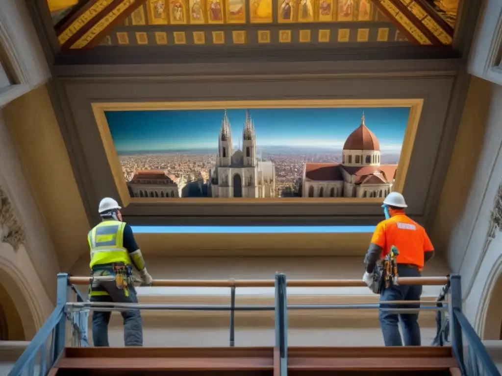 Restauración de frescos en catedral: tradición e innovación Equipo de expertos restaurando frescos históricos con modernas técnicas