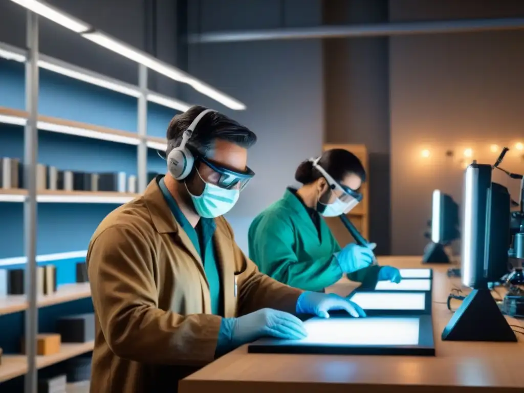 Restauración de patrimonio: expertos trabajando con tecnología avanzada Un equipo de expertos en restauración de patrimonio utiliza técnicas modernas para recuperar artefactos históricos en un laboratorio