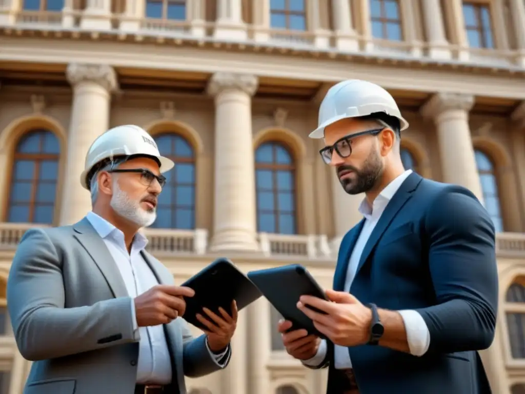 Restauración histórica con arquitectos y tecnología moderna Equipo de expertos en restauración de propiedades históricas usando técnicas tradicionales y tecnología moderna en majestuosa fachada