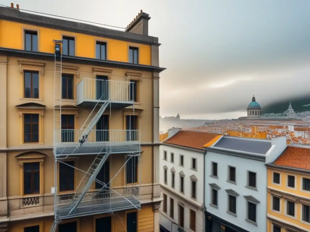 Restauración experta de fachada histórica: un trabajo cautivador Un equipo de expertos en restauración de inmuebles históricos trabaja meticulosamente en la fachada de un edificio histórico, mostrando una mezcla perfecta entre encanto antiguo y expertise moderno
