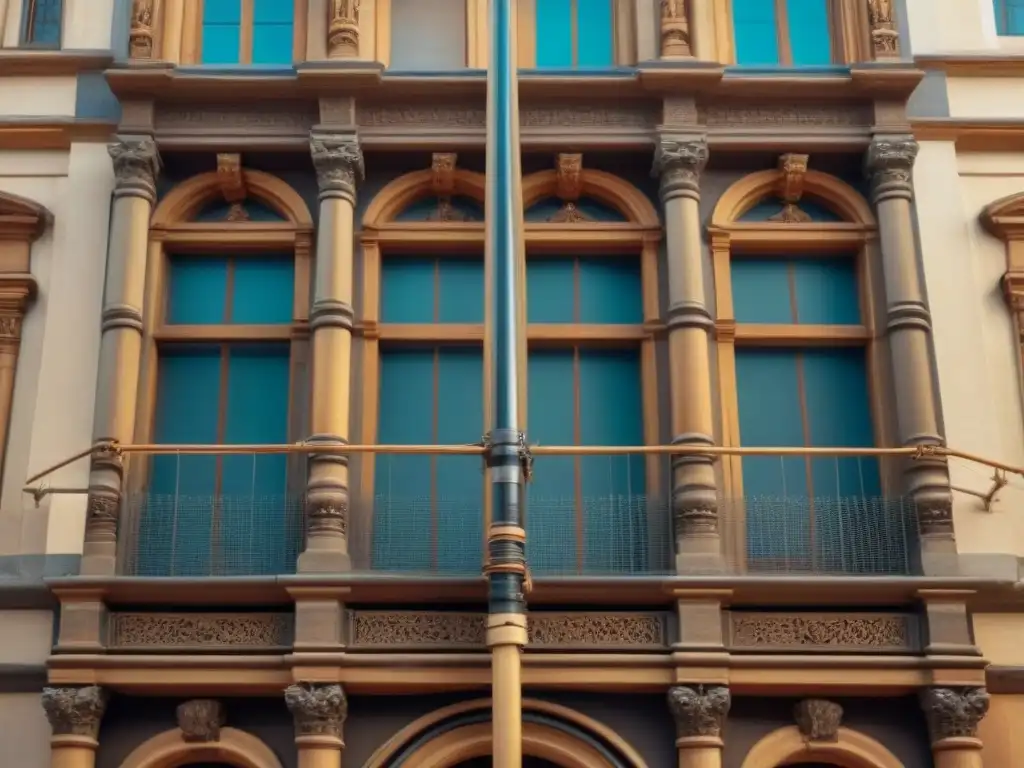 Restauración detallada: arquitectos y historiadores renovan edificio histórico con técnicas tradicionales y modernas Equipo restaurando fachada de edificio histórico con técnicas tradicionales y modernas, respetando leyes de patrimonio