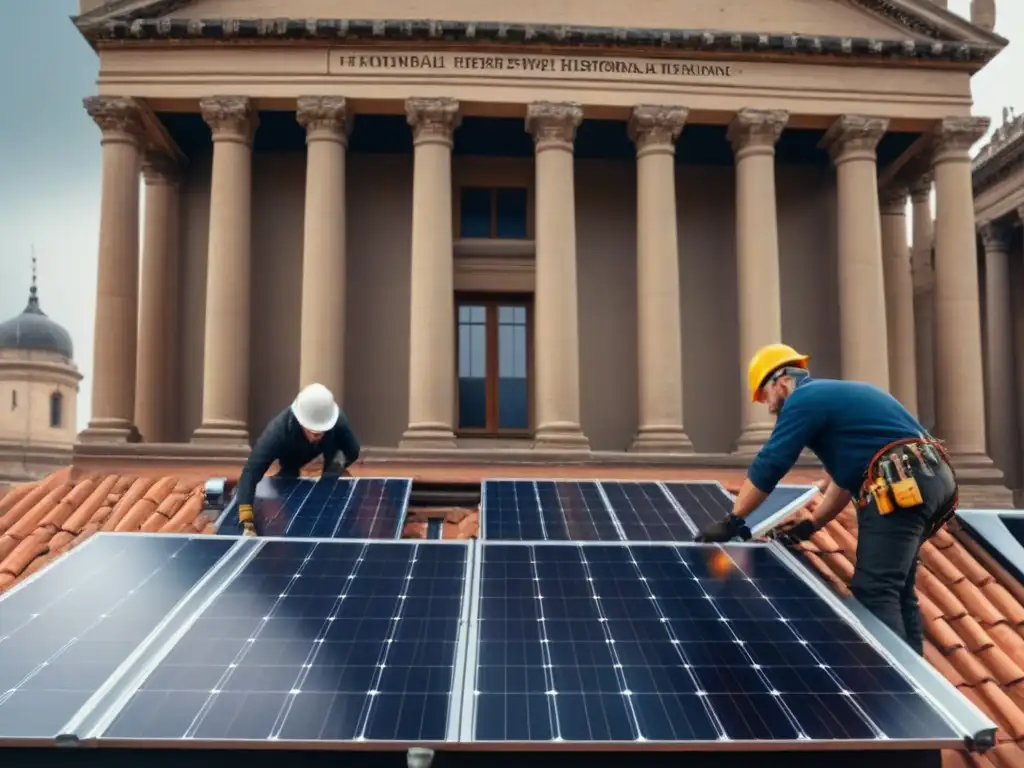 Restauración sostenible de edificio histórico con tecnología avanzada Equipo restaurando fachada histórica con tecnologías sostenibles, combinando tradición e innovación