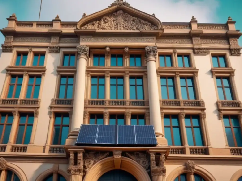 Restauración sostenible de edificio histórico con tecnologías verdes Equipo restaurando fachada histórica con tecnologías sostenibles
