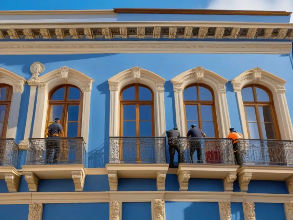 Restauración histórica: expertos revitalizan fachada con maestría Equipo de restauración fachadas históricas técnicas trabajando con detalle en una fachada, fusionando técnicas tradicionales y modernas