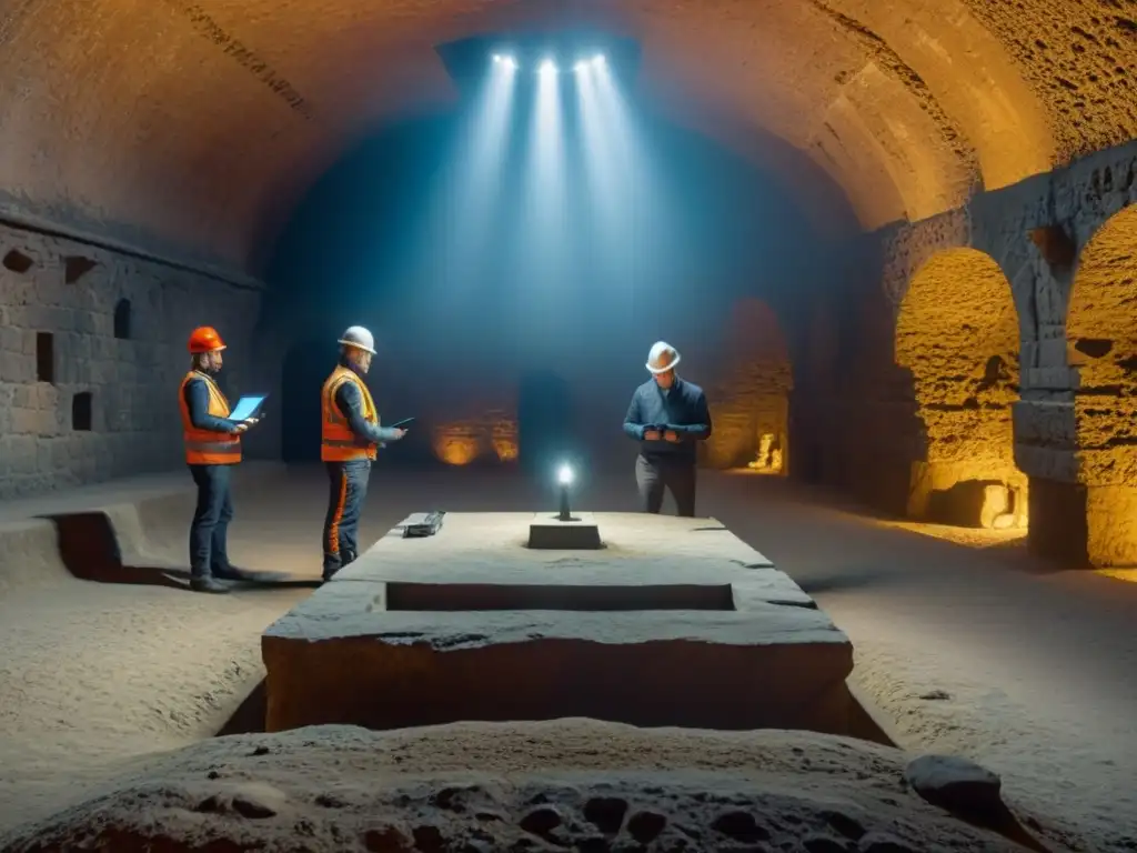 Inspección detallada de ingenieros y arquitectos en ruinas históricas Un equipo de ingenieros y arquitectos inspecciona detenidamente la antigua cimentación de un edificio histórico, combinando tradición y tecnología