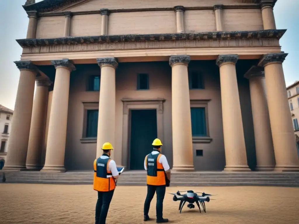 Equipo de ingenieros y arquitectos inspeccionando edificio histórico para restauración sísmica en ciudad moderna Equipo de ingenieros y arquitectos inspeccionando edificio histórico para restauración sísmica propiedades antiguas con tecnología avanzada en ciudad