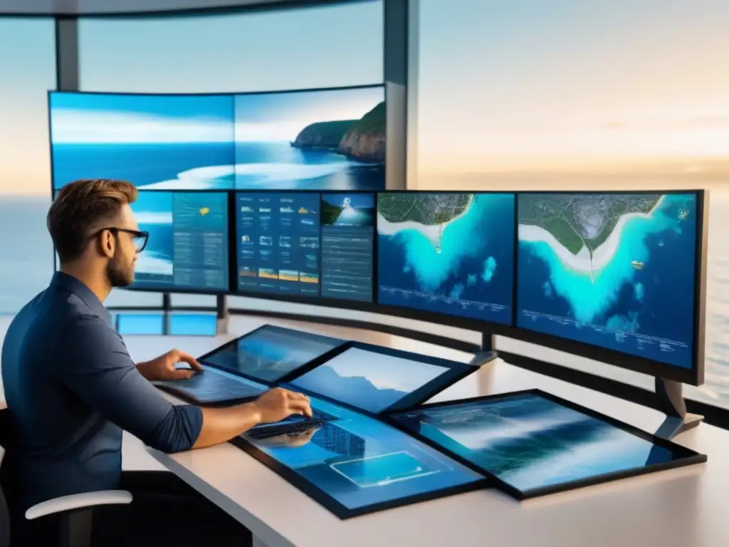Ingenieros y arquitectos innovando para prevenir riesgos costeros Equipo de ingenieros y arquitectos trabajando en prevención riesgos infraestructuras costeras con tecnología avanzada y determinación