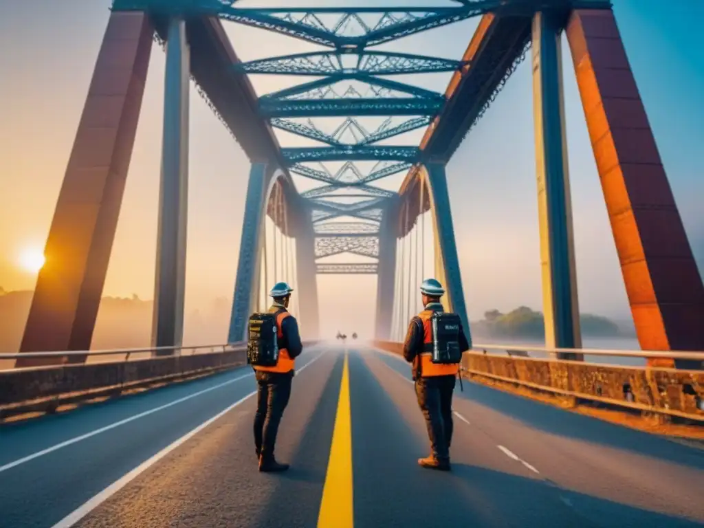 Inspección de puente histórico con drones de tecnología avanzada Equipo de ingenieros usa drones tecnológicos para inspeccionar puente histórico al atardecer, destacando innovación en conservación patrimonial