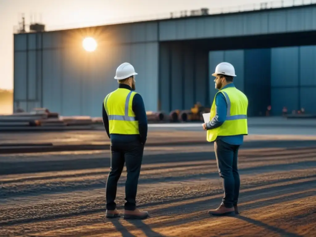 Equipo de ingenieros inspeccionando infraestructura industrial al amanecer Equipo de ingenieros en mantenimiento preventivo de infraestructuras en riesgo al amanecer