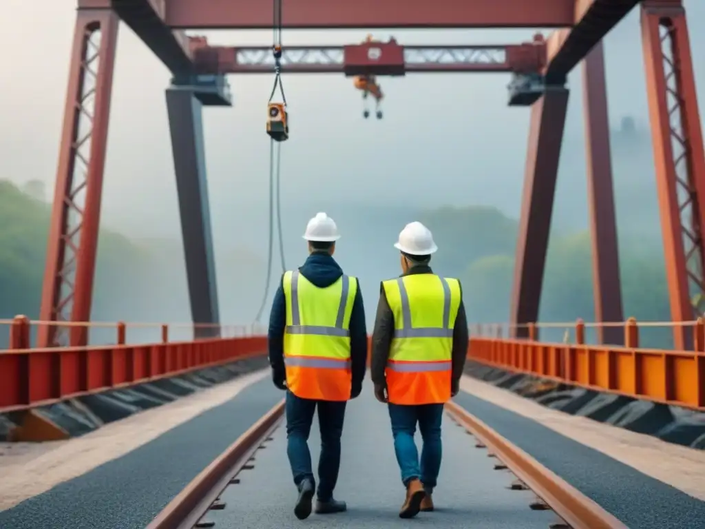 Ingenieros inspeccionan puente para restauración con tecnología avanzada Equipo de ingenieros en obra inspeccionando detalladamente un puente para restauración, destacando la gestión de riesgos en restauración