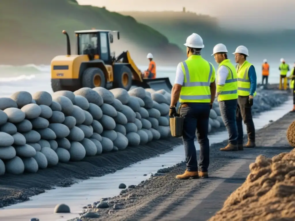 Equipo de ingenieros y obreros reforzando costa contra erosión Equipo de ingenieros y trabajadores fortaleciendo propiedad costera para combatir erosión en infraestructuras inmobiliarias