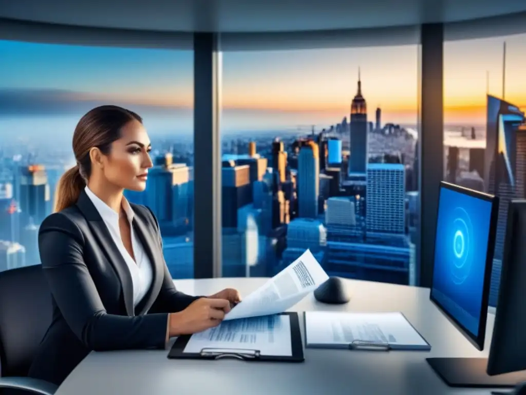 Equipo legal de alto nivel en oficina sofisticada con tecnología innovadora Equipo legal de alto rendimiento colaborando en una oficina moderna con vista panorámica a la ciudad