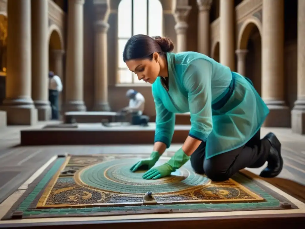 Restauración de mosaico antiguo con tecnología de vanguardia Equipo de conservación restaurando mosaico antiguo con tecnología en edificio histórico
