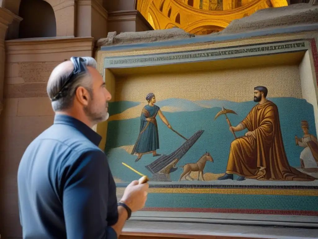 Restauración de mosaico centenario: tradición y tecnología Equipo de conservación restaurando mosaico centenario con tecnología en edificio histórico