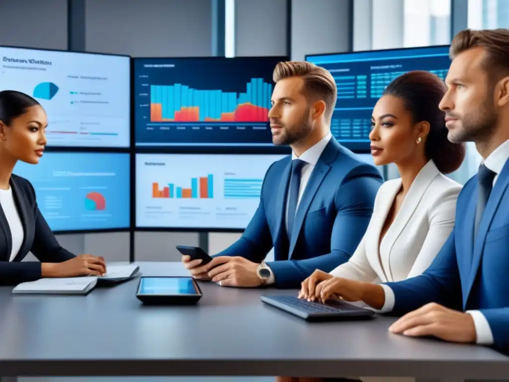 Reunión virtual de profesionales en inversión inmobiliaria online Un equipo multicultural de profesionales se reúne en una sala futurista para una reunión virtual sobre plataformas de inversión inmobiliaria en línea