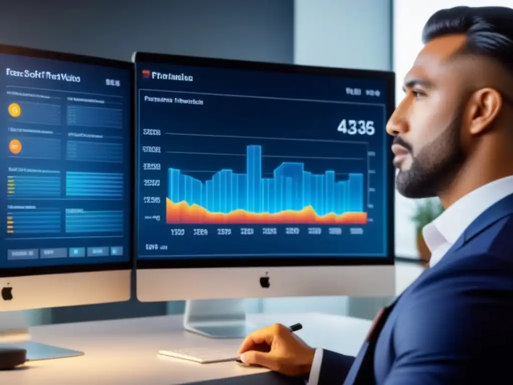 Equipo diverso analizando gráficos financieros en reunión Equipo profesional diverso analizando gráficos financieros en pantalla digital, mejorando capacidad crédito hipoteca