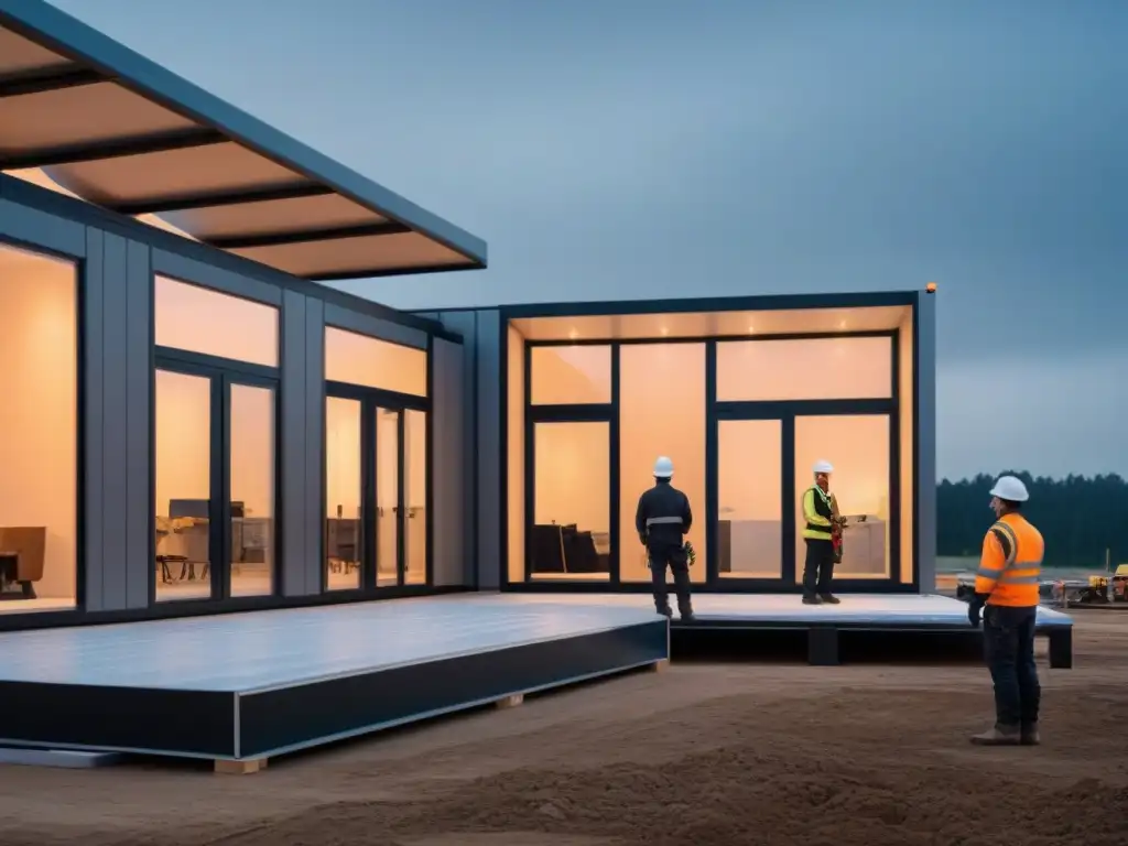 Construcción modular futurista con prefabricados Equipo profesional ensamblando edificio modular con soluciones prefabricadas para restauración inmuebles