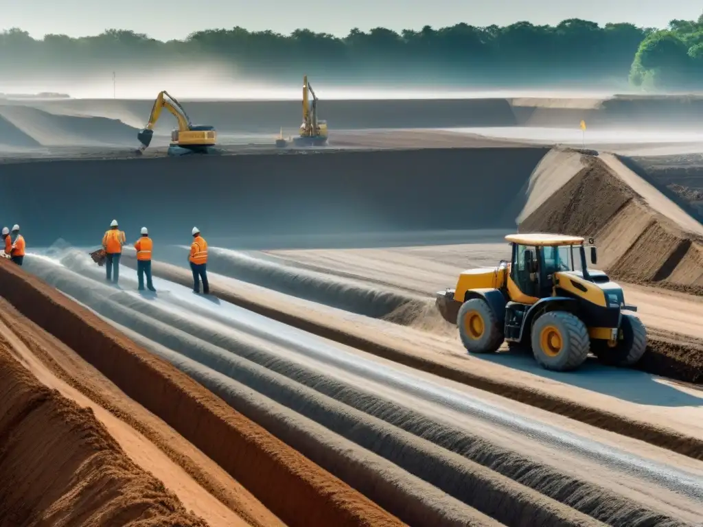 Equipo de ingenieros y trabajadores en acción protegiendo infraestructuras Un equipo profesional combate erosión en infraestructuras inmobiliarias