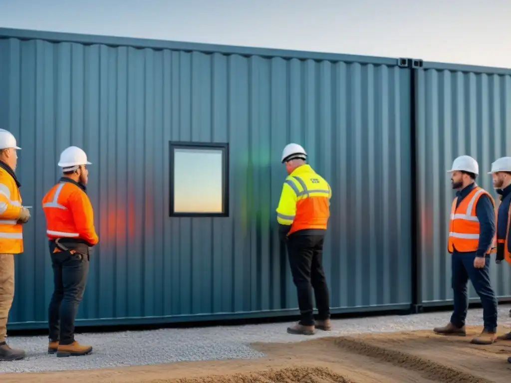 Construcción modular moderna: eficiencia y progreso en acción Equipo profesional en obra, ensamblando edificio modular con soluciones prefabricadas para restauración inmuebles