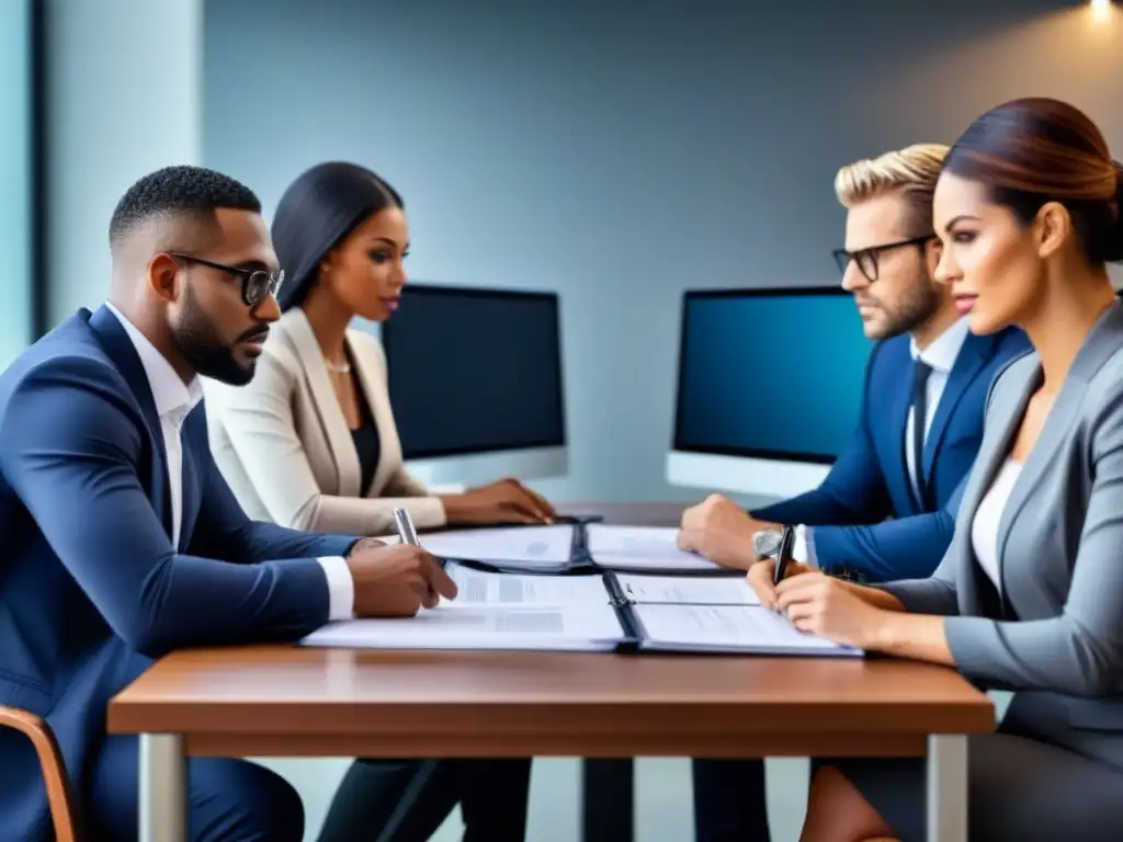 Profesionales colaborando para prevenir lavado de dinero en bienes raíces Equipo profesional en oficina moderna, colaborando en la prevención lavado dinero sector inmobiliario