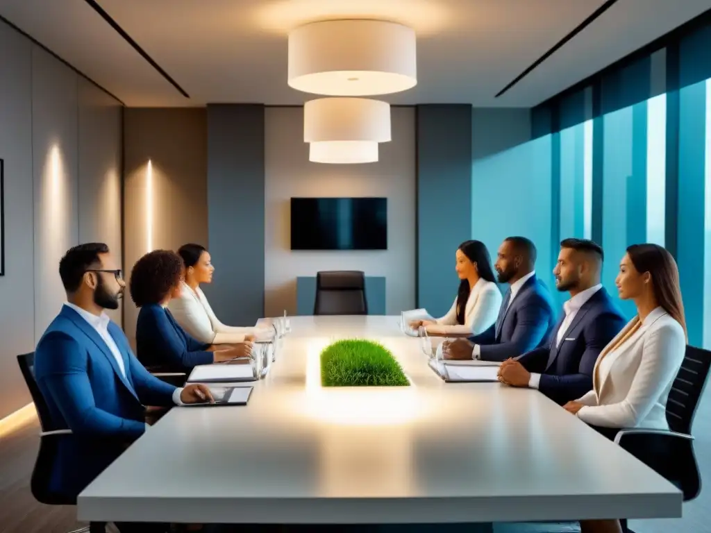 Oficina moderna: estrategias legales para conservación inmobiliaria Equipo profesional en reunión estratégica sobre regulaciones conservación bienes raíces