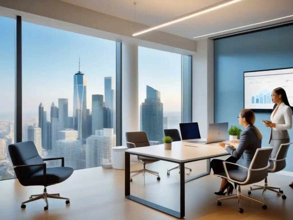Equipo diverso analiza riesgos inmobiliarios con innovación Equipo profesional analizando riesgos mercado inmobiliario en moderna oficina con vista a la ciudad